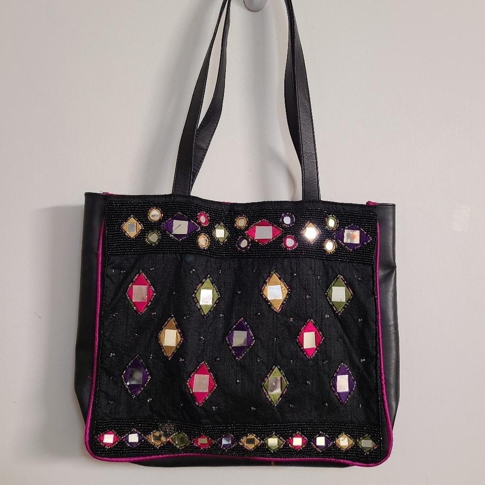 Chico's Silk and Leather Bag Mirrors Beading Embellished